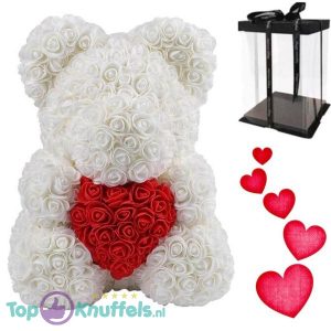 Witte Rozen beer met Rood hart 30 cm in Luxe Geschenkdoos