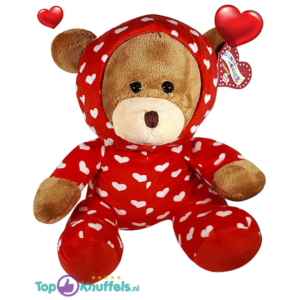 Bruine Teddybeer in hartjes pyjama onesie 32 cm