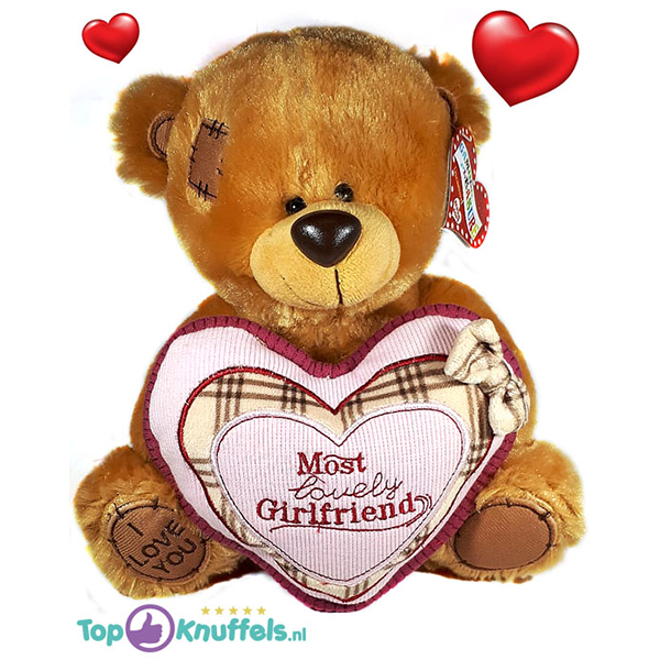Bruine Teddybeer met roze hart ''Most Lovely Girlfriend'' 32 cm