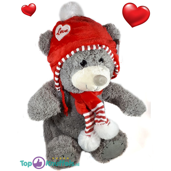 Grijze Teddybeer met rode love muts 32 cm