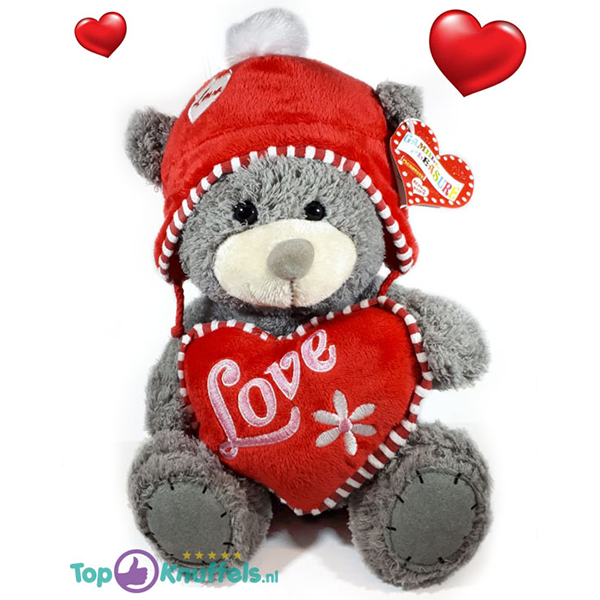 Grijze Teddybeer met rood hart en mutsje LOVE 32 cm