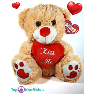 Lichtbruine Teddybeer met rood hart ''Kiss Me'' 32 cm