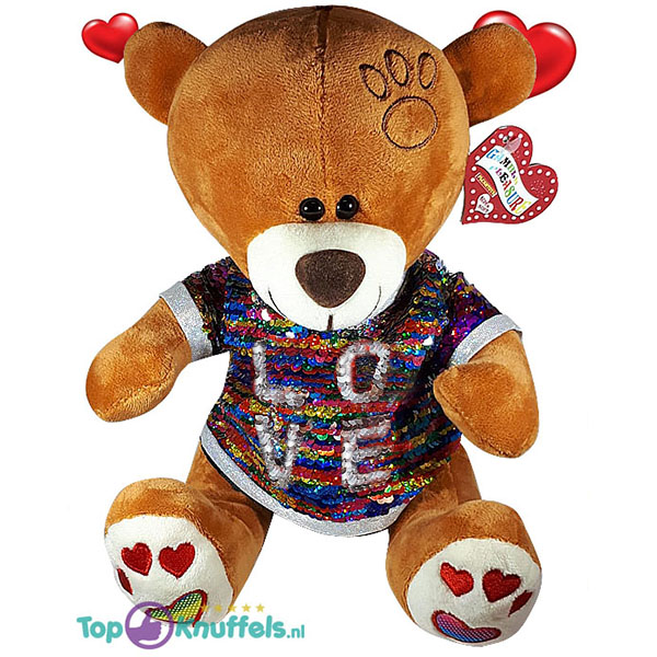 Valentijn Bruine Teddybeer met disco glitter shirtje ''LOVE'' 32 cm