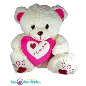 Witte Teddybeer met wit en donker roze hart