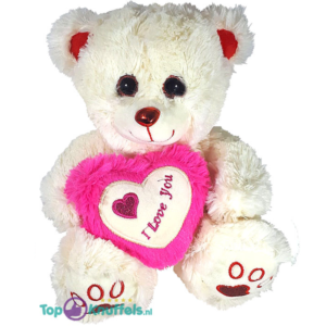 Witte Teddybeer met wit en donker roze hart ''I Love you'' 25 cm