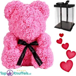 Roze Rozen beer XL met Strik 40cm in Luxe Geschenkdoos