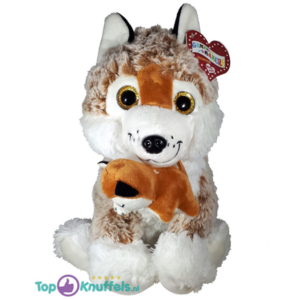 Husky Met Baby Pluche Hond Knuffel Bruin