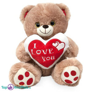 Bruine Teddybeer met Hart ''I Love You'' (Wit/Rood) 32 cm