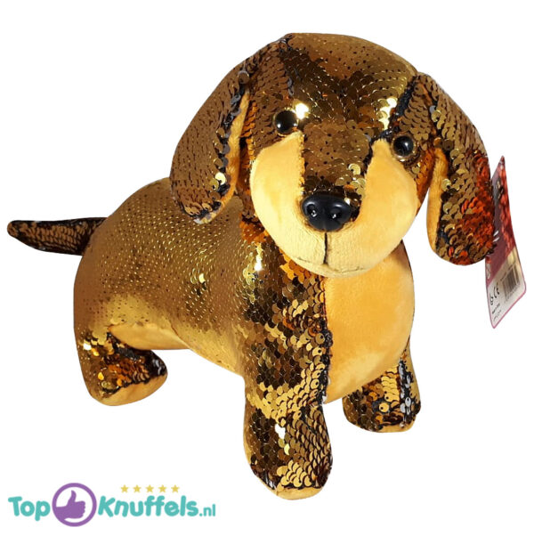 Teckel Hondje Pluche Knuffel Met Glitter Effect (Goud) 30 cm