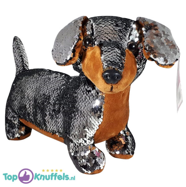 Teckel Hondje Pluche Knuffel Met Glitter Effect (Zilver) 30 cm