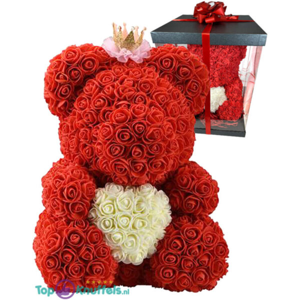 Rozenbeer met Kroon Rood met Wit Hart 40 cm + Luxe Giftbox Strik