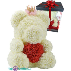 Rozenbeer met Kroon Wit met Rood Hart 40 cm + Luxe Giftbox Strik