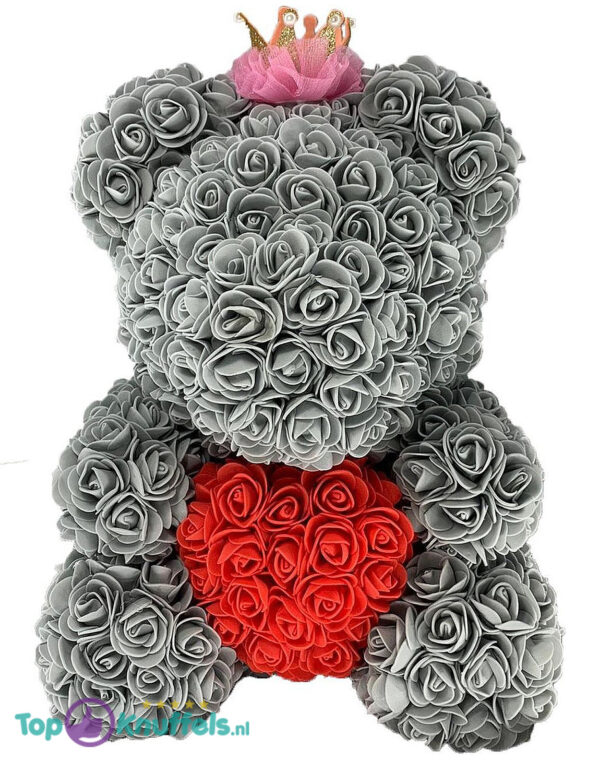 Rozenbeer met Kroon Grijs met Rood Hart 40 cm + Luxe Giftbox Strik - Afbeelding 4