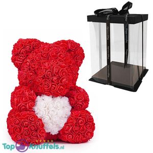 Rozenbeer Rood met Wit Hart 40 cm + Luxe Giftbox