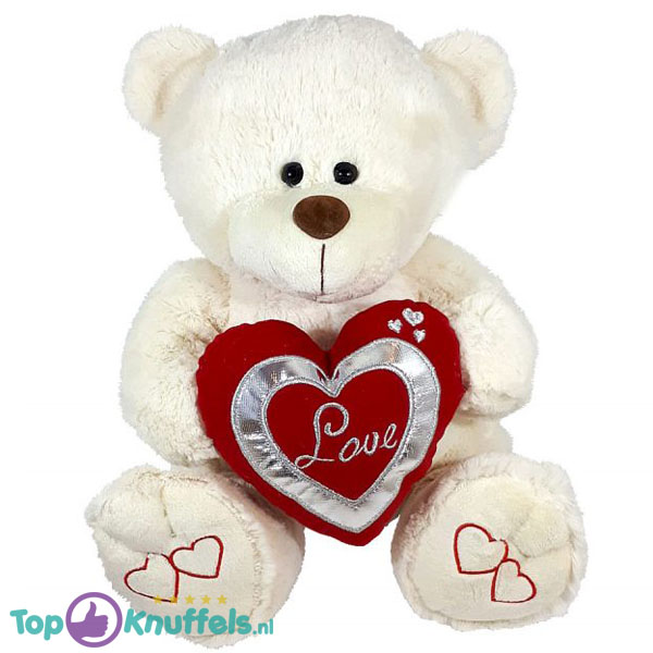 Teddybeer Wit Bella met Hart Love (Rood/Zilver) 40 cm