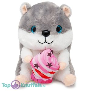 Hamster met Cupcake (Grijs) Pluche Knuffel 30 cm