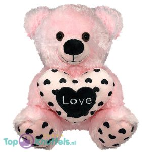 Teddybeer met Hart Love (Roze/Zwart) Pluche Knuffel 32 cm