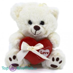 Teddybeer Love met Hart en Strik (Wit/Rood) Pluche Knuffel 22 cm
