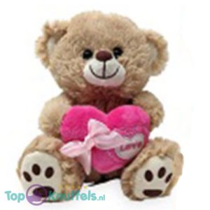 Teddybeer Klein Love met Hart en Strik (Beige/Roze) Pluche Knuffel 16 cm