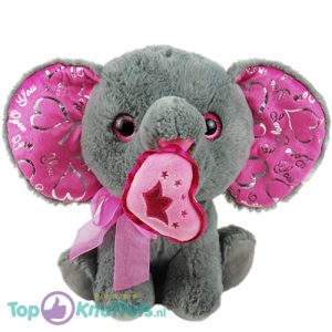 Olifant met Hart en Strik (Grijs/Roze) Pluche Knuffel 35 cm