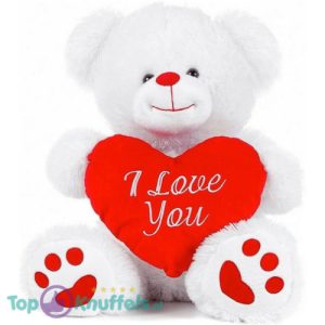 Witte Teddybeer met Rood Hart 'I Love You' 20 cm
