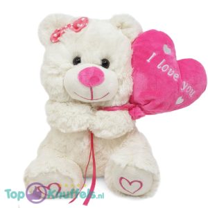 Teddybeer Wit met Roze Ballon Hart Pluche Knuffel 25 cm