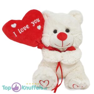Teddybeer Wit met Rode Ballon Hart Pluche Knuffel 25 cm