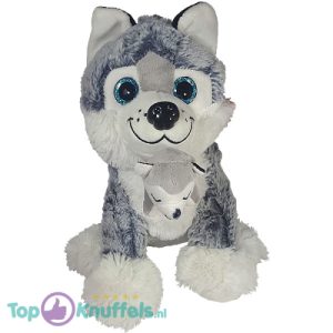 Husky Hond met Baby (Grijs/Wit) Pluche Knuffel 24 cm