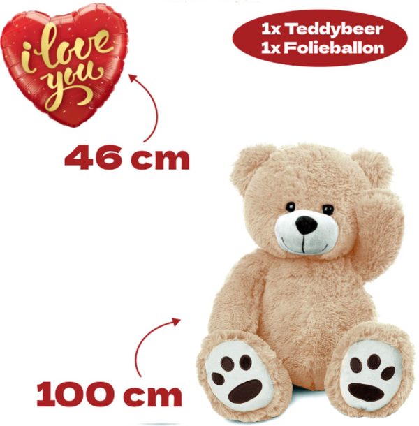 Teddybeer Charlie Pluche Knuffel XXL 100 cm + Ballon Love Goud 46 cm - Afbeelding 3