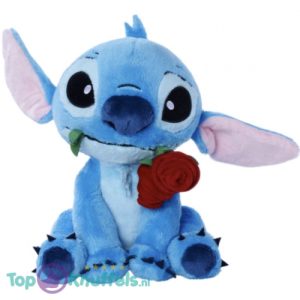 Stitch met Roos - Disney Lilo & Stitch Pluche Knuffel 26 cm