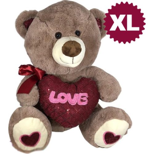 Teddybeer met Glitter Hart en Strikje (Bruin) Pluche Knuffel 70 cm