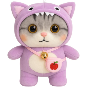 Grijze Kat in Paarse Dinosaurus Onesie Pyjama Pluche Knuffel 30 cm