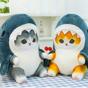 Kat in Haai Onesie Pyjama (Blauw/Grijs) Kawaii Pluche Knuffel 25 cm