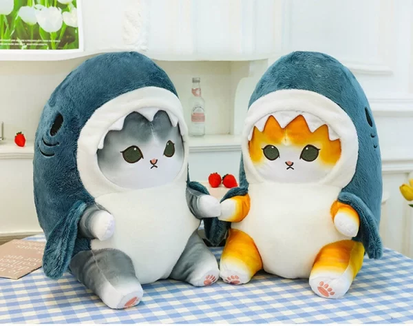 Kat in Haai Onesie Pyjama (Blauw/Grijs) Kawaii Pluche Knuffel 25 cm
