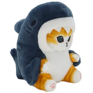 Kat in Haai Onesie Pyjama (Blauw/Oranje) Kawaii Pluche Knuffel 25 cm