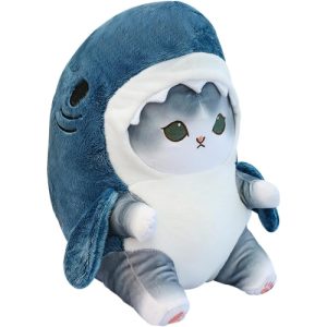 Kat in Haai Onesie Pyjama (Blauw/Grijs) Kawaii Pluche Knuffel 25 cm