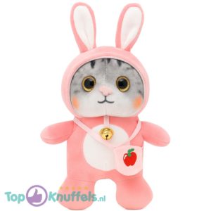 Grijze Kat in Roze Onesie Pyjama Pluche Knuffel 30 cm