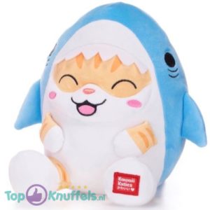 Kat in Blauwe Haai Onesie Pyjama Kawaii Pluche Knuffel 25 cm