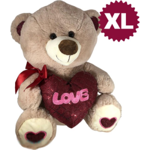 Teddybeer met Glitter Hart en Strikje (Beige) Pluche Knuffel XXL 90 cm